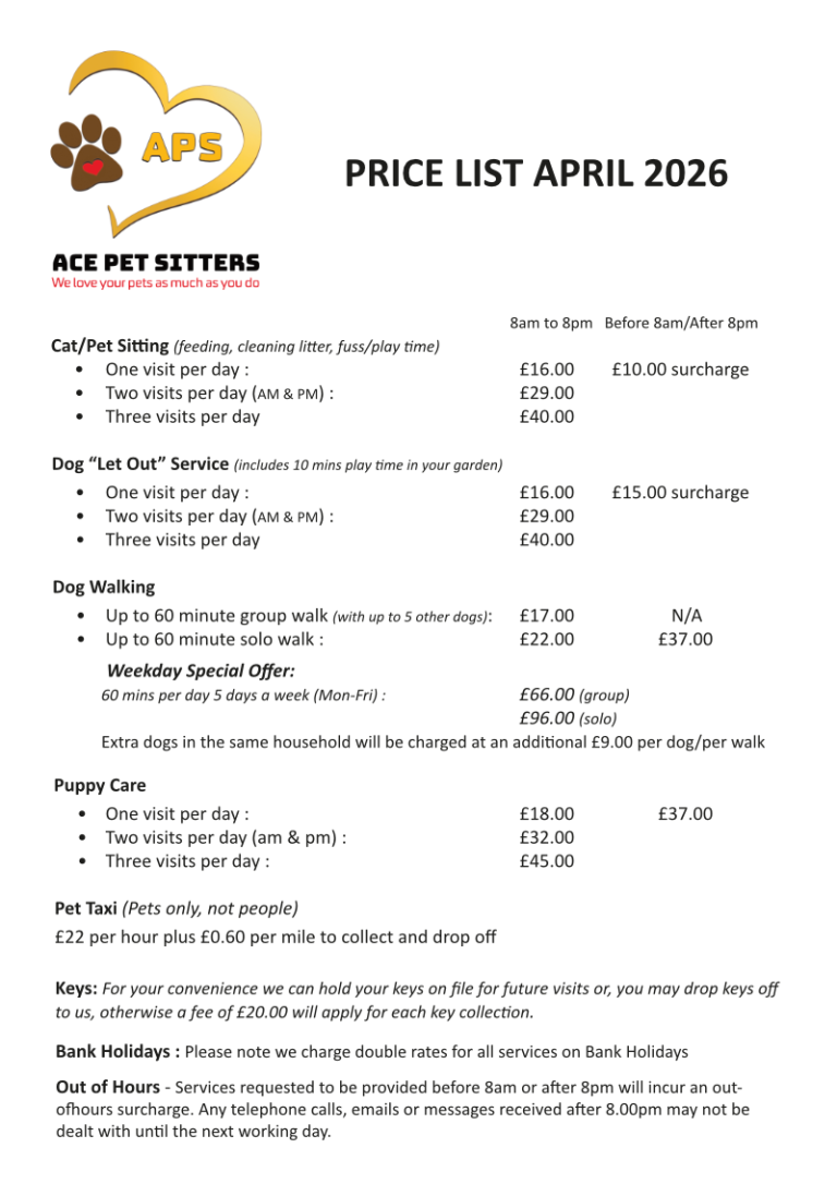 Ace Pet Sitting Price List and Terms (pdf download)